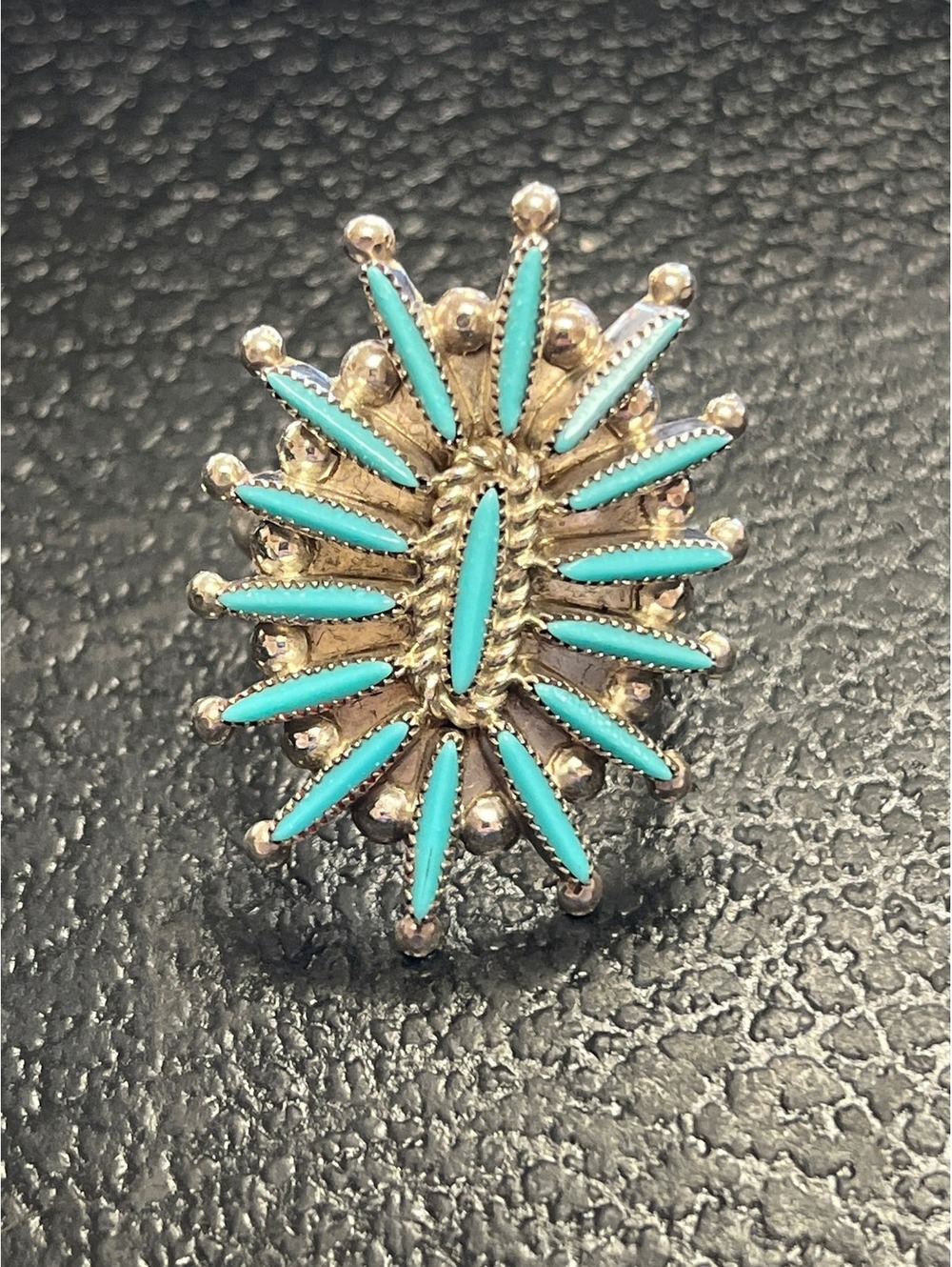 Zuni handmade cluster turquoise sterling silver needlepoint ring size 9.5
